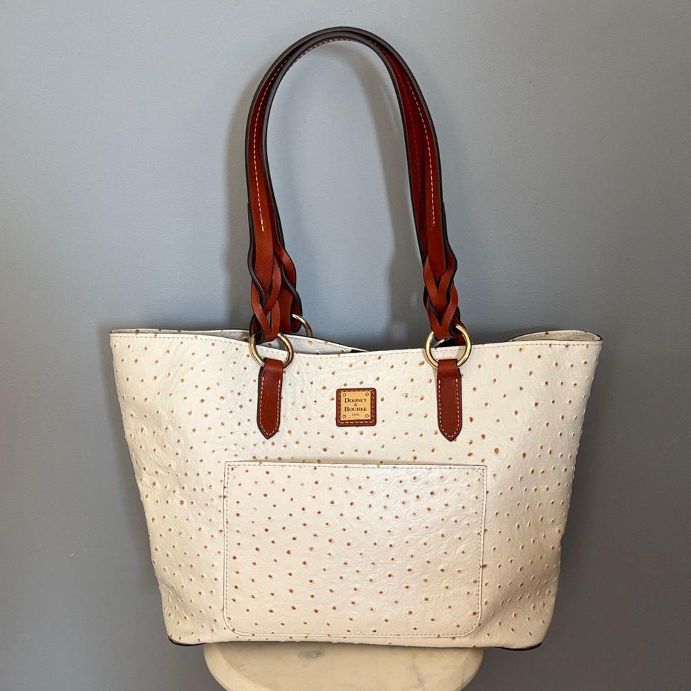 Dooney & Bourke Ivory Brown Tote Handbag Ostrich Calf Leather Bag (Tammy Tote)